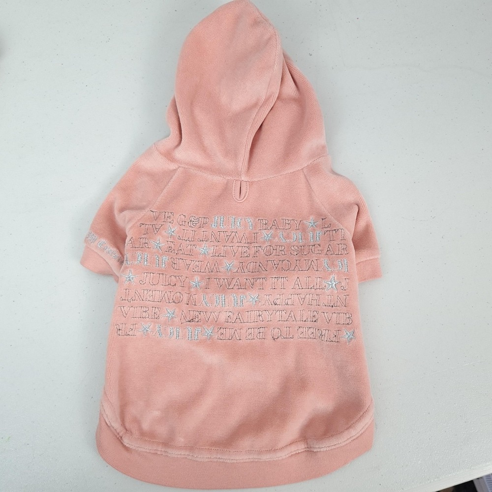 Vntg Y2K Juicy Couture Dog Hoodie Large L Pink Velour Logo Pet Sweatshirt